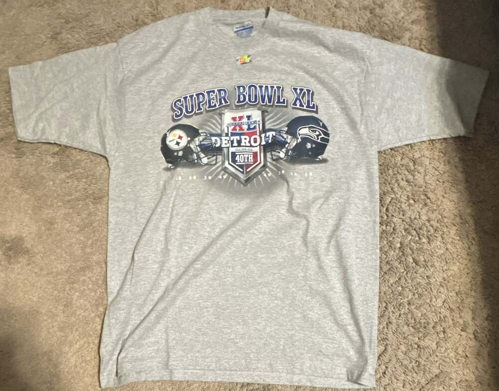 Vintage Reebok Super Bowl XL Detroit 2006 Steelers vs Seahawks Gray T-Shirt Size